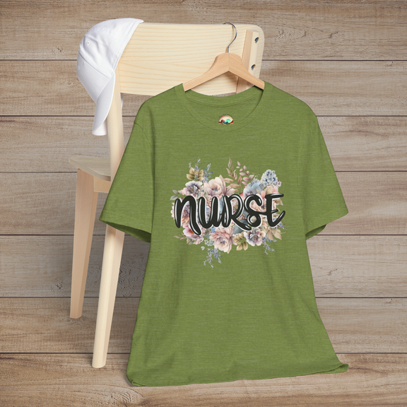 Heather green Nurse Floral Premium Fit T-Shirt showcased on hanger, featuring soft pastel floral accents and elegant black lettering