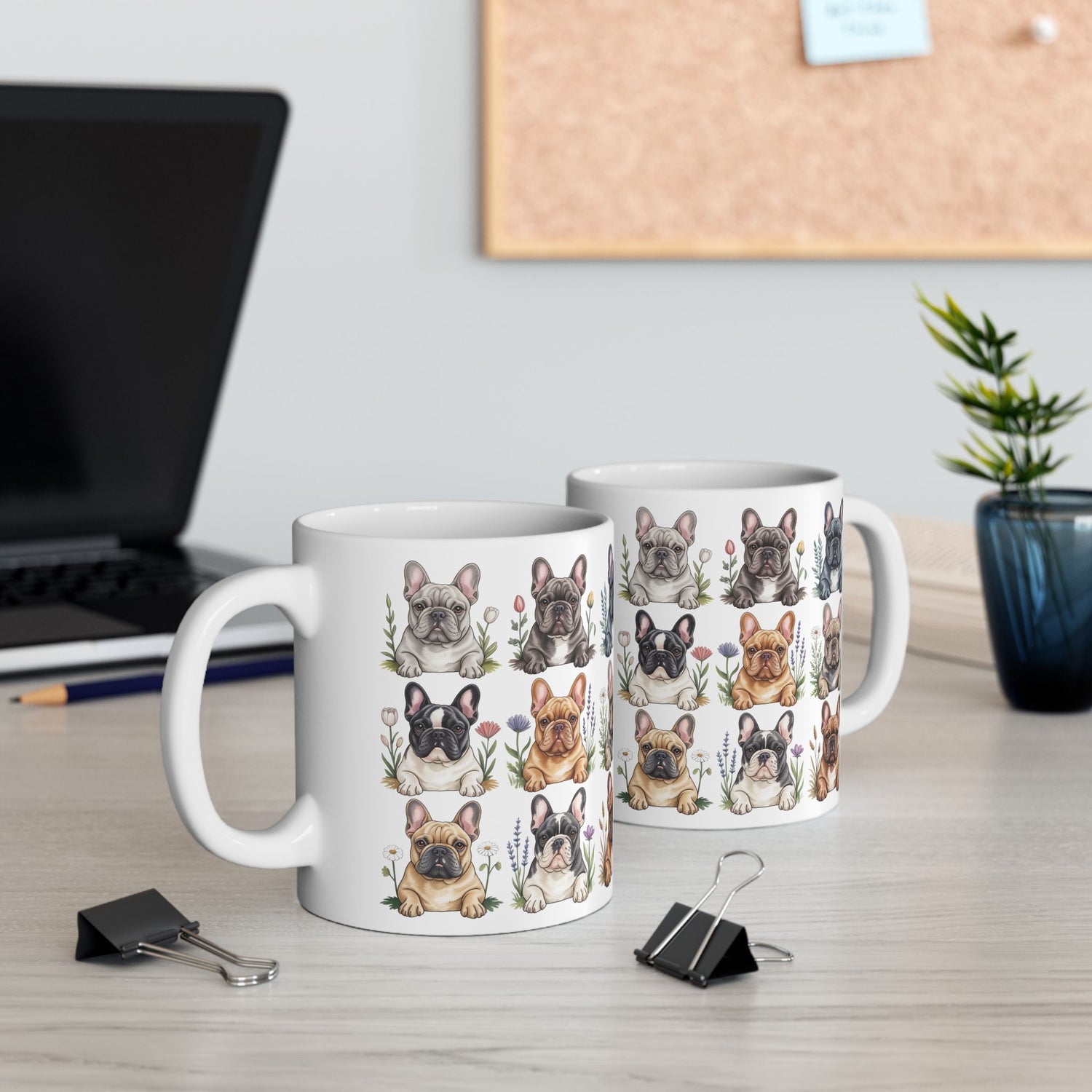 Two white French Bulldog cottagecore mugs on a desk next to a laptop, perfect for home office decor.