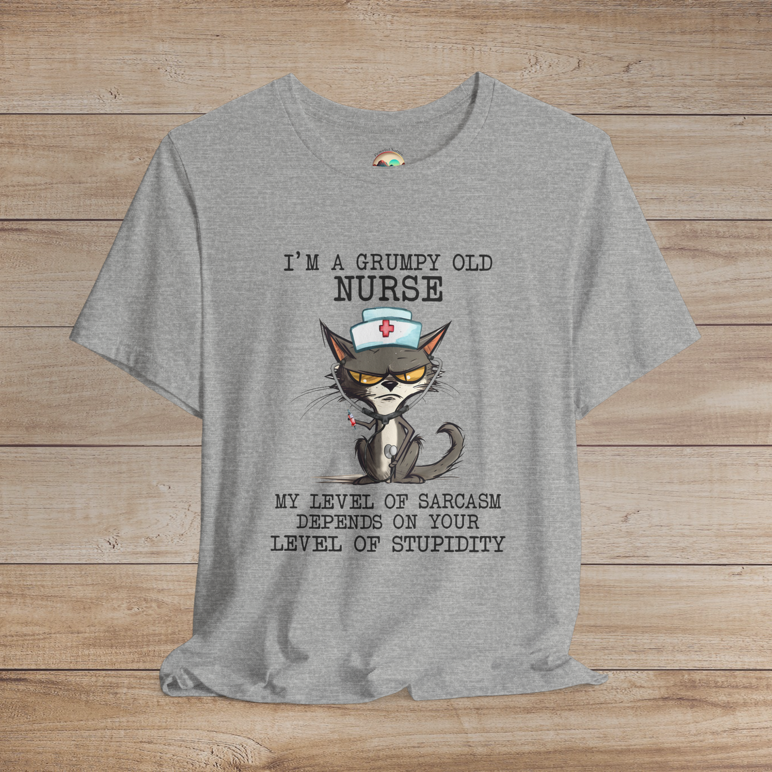 Premium heather grey funny nurse t-shirt with grumpy cat illustration and sarcasm quote, ideal for seasoned nurses with humor