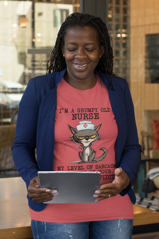 Smiling woman wearing a navy blazer and Funny Nurse T-Shirt with grumpy cat and sarcasm quote, premium heather red cotton fabric