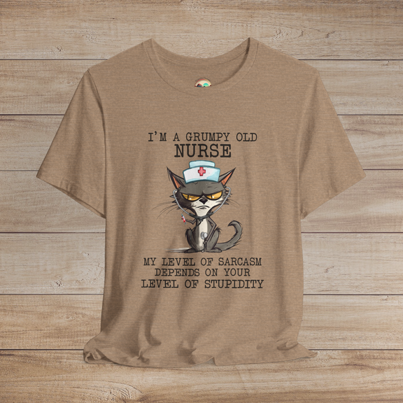 Grumpy old nurse cat t-shirt with sarcastic quote, wearing a nurse hat and stethoscope, printed on soft heather tan premium cotton