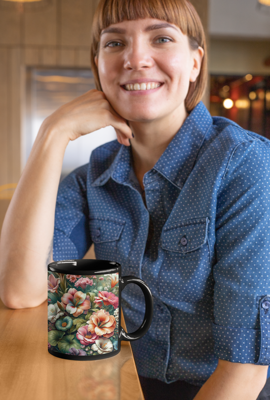 Woman in a blue polka dot shirt sitting at a wooden table with a vibrant 11 oz floral coffee mug featuring multicolored blooms and greenery