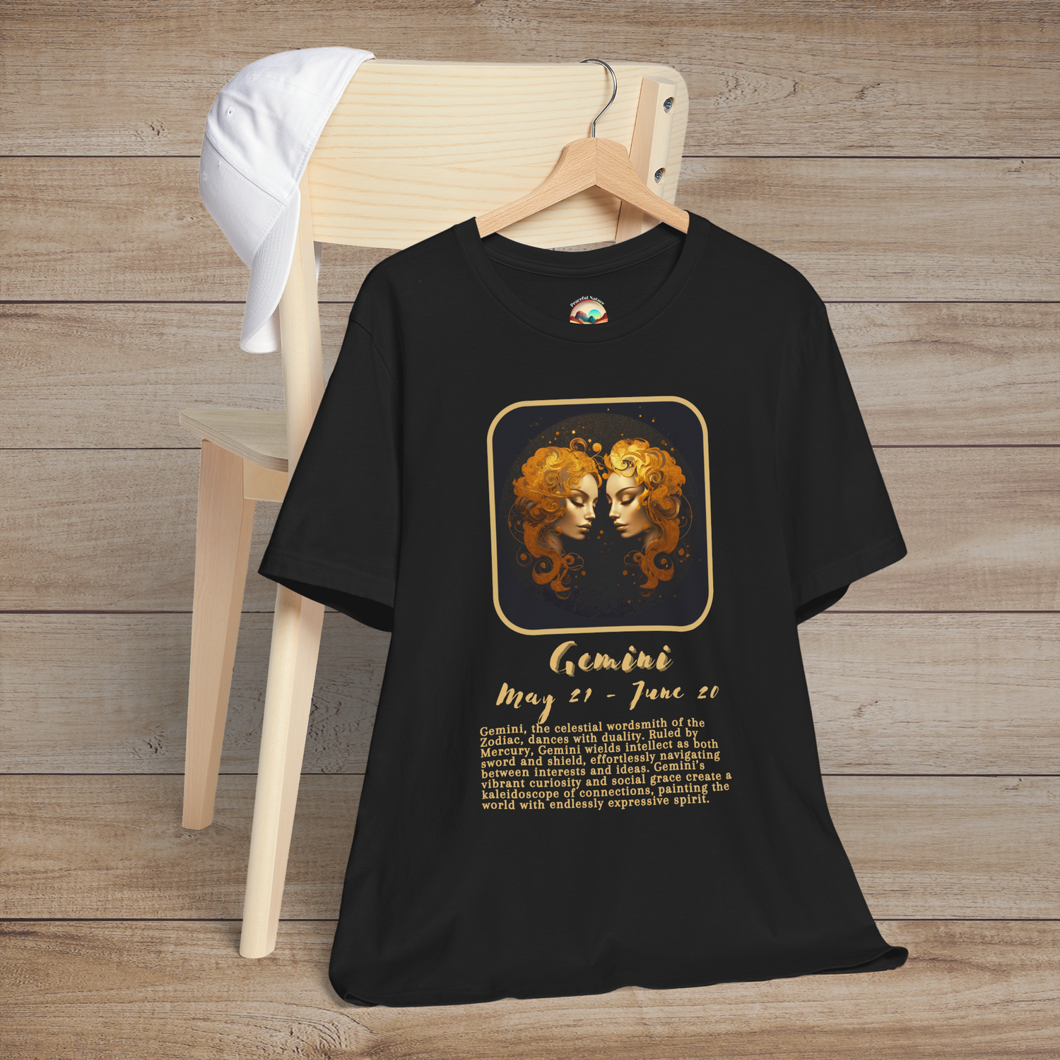 Black Gemini Zodiac T-Shirt with a gold twins symbol, birth dates, and traits of adaptability and curiosity