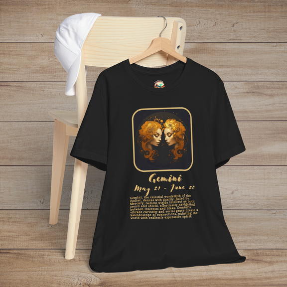 Black Gemini Zodiac T-Shirt with a gold twins symbol, birth dates, and traits of adaptability and curiosity