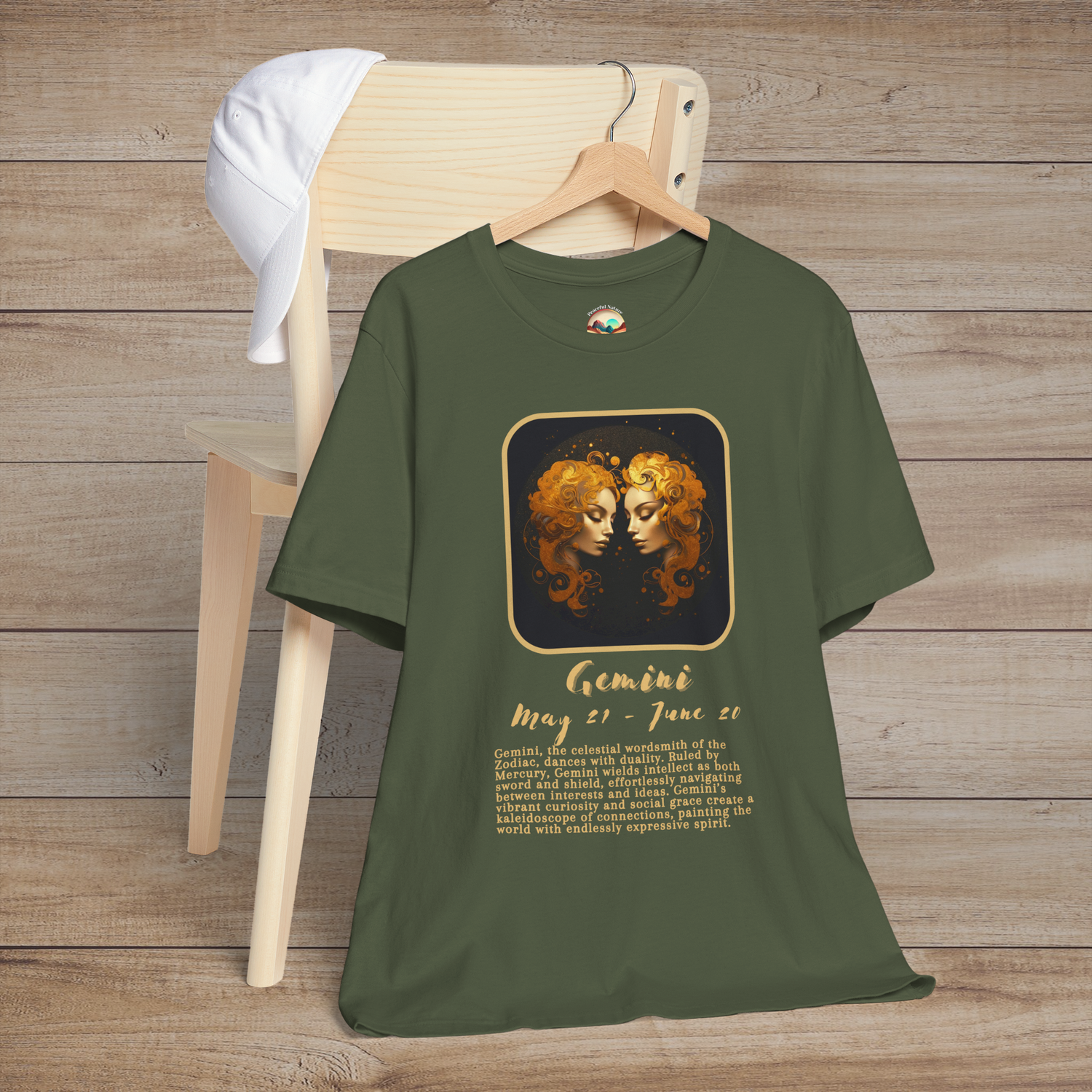 Military green Gemini Zodiac T-Shirt showcasing the dynamic and communicative spirit of Gemini