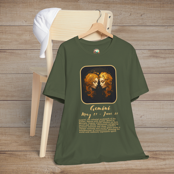 Military green Gemini Zodiac T-Shirt showcasing the dynamic and communicative spirit of Gemini