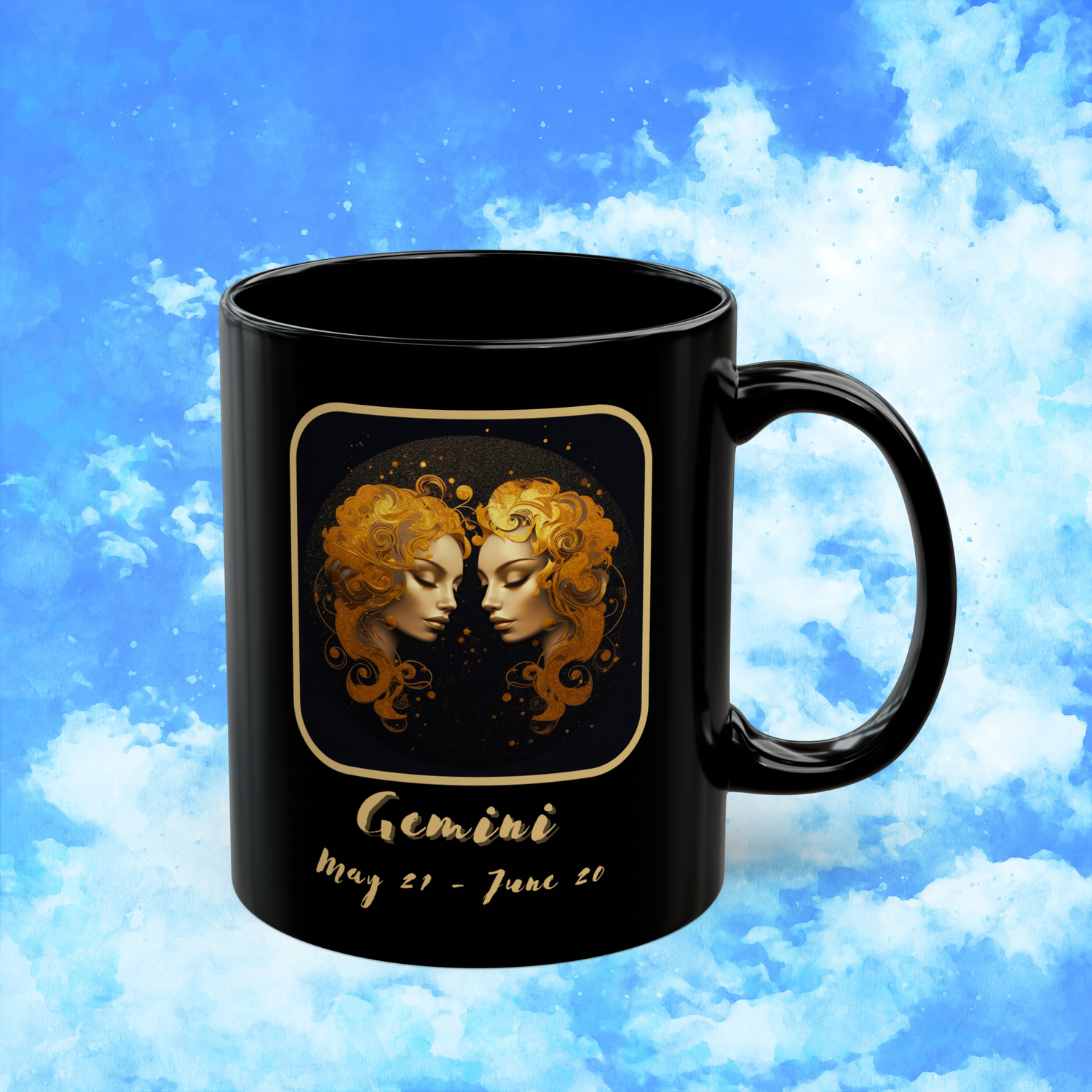 Gemini Zodiac Astrology Mug 11 oz right view with golden twins symbol and lively zodiac description