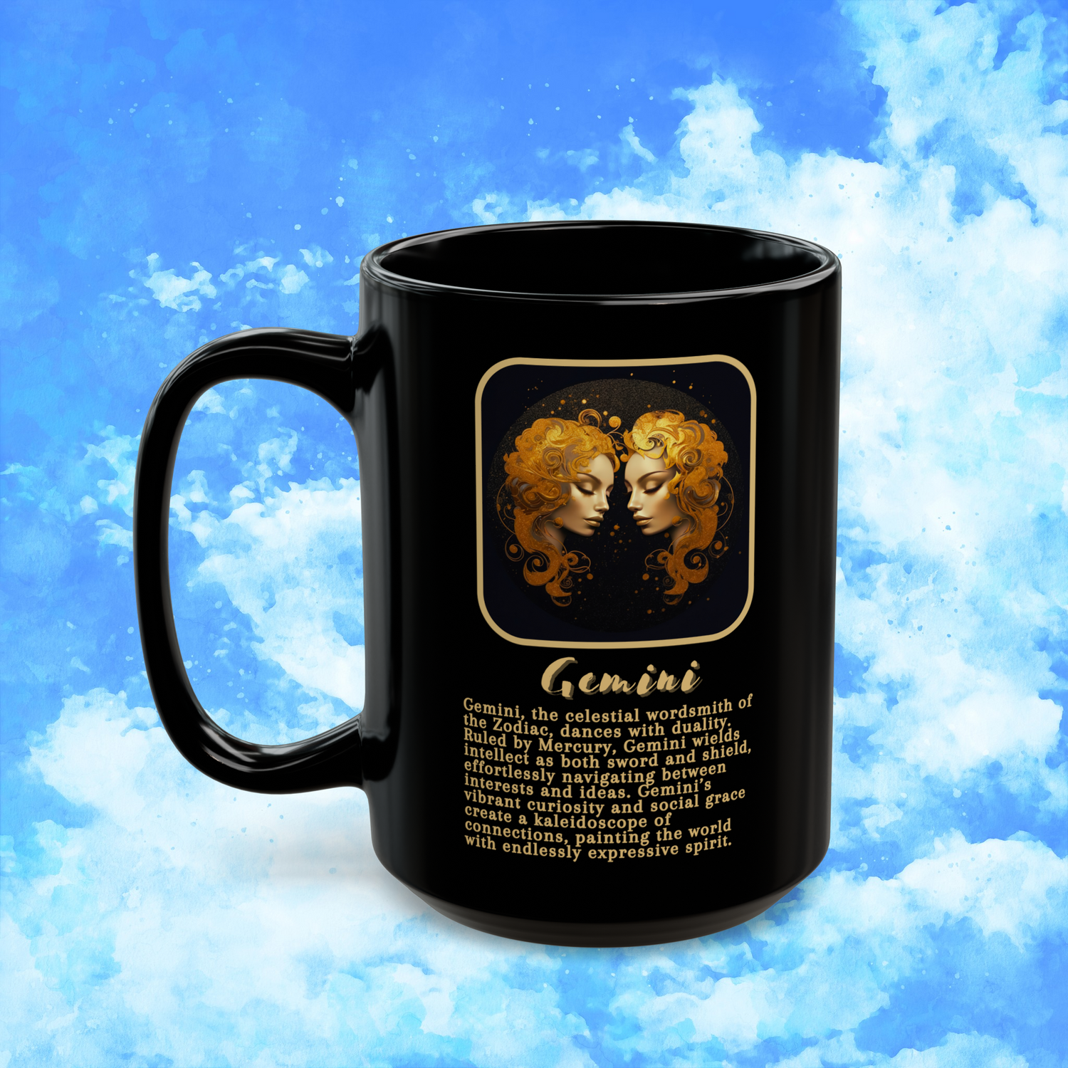 Gemini Zodiac Astrology Mug 15 oz left view with playful twins art and communicative spirit