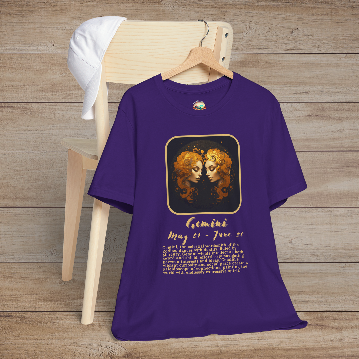 Purple Gemini Zodiac T-Shirt with a bright gold twin symbol and fun, curious zodiac meaning
