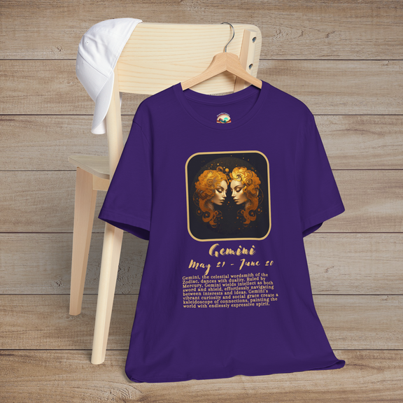Purple Gemini Zodiac T-Shirt with a bright gold twin symbol and fun, curious zodiac meaning