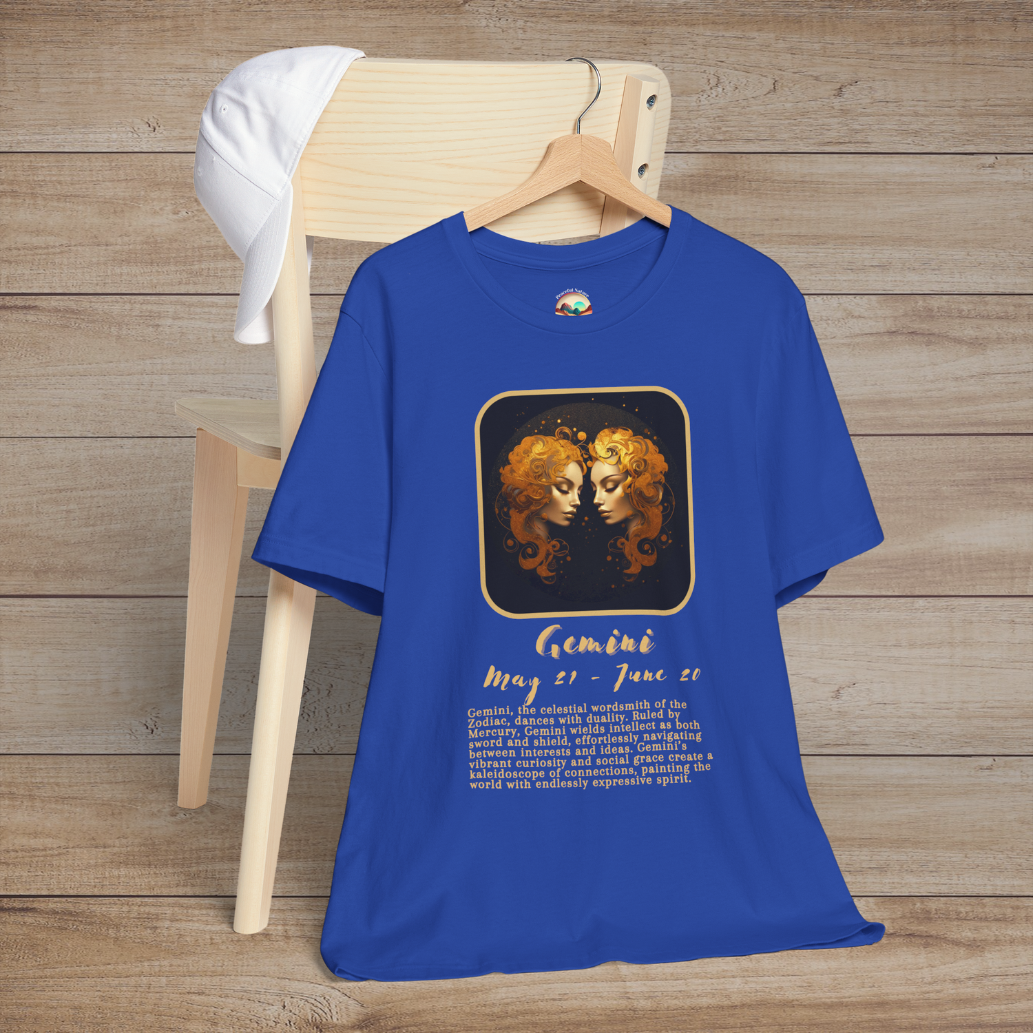 Royal blue Gemini Zodiac T-Shirt with a gold twins symbol highlighting intelligence and versatility