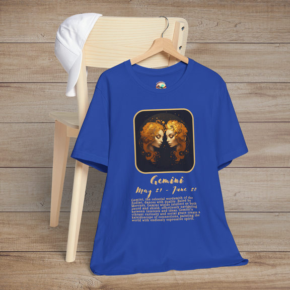 Royal blue Gemini Zodiac T-Shirt with a gold twins symbol highlighting intelligence and versatility