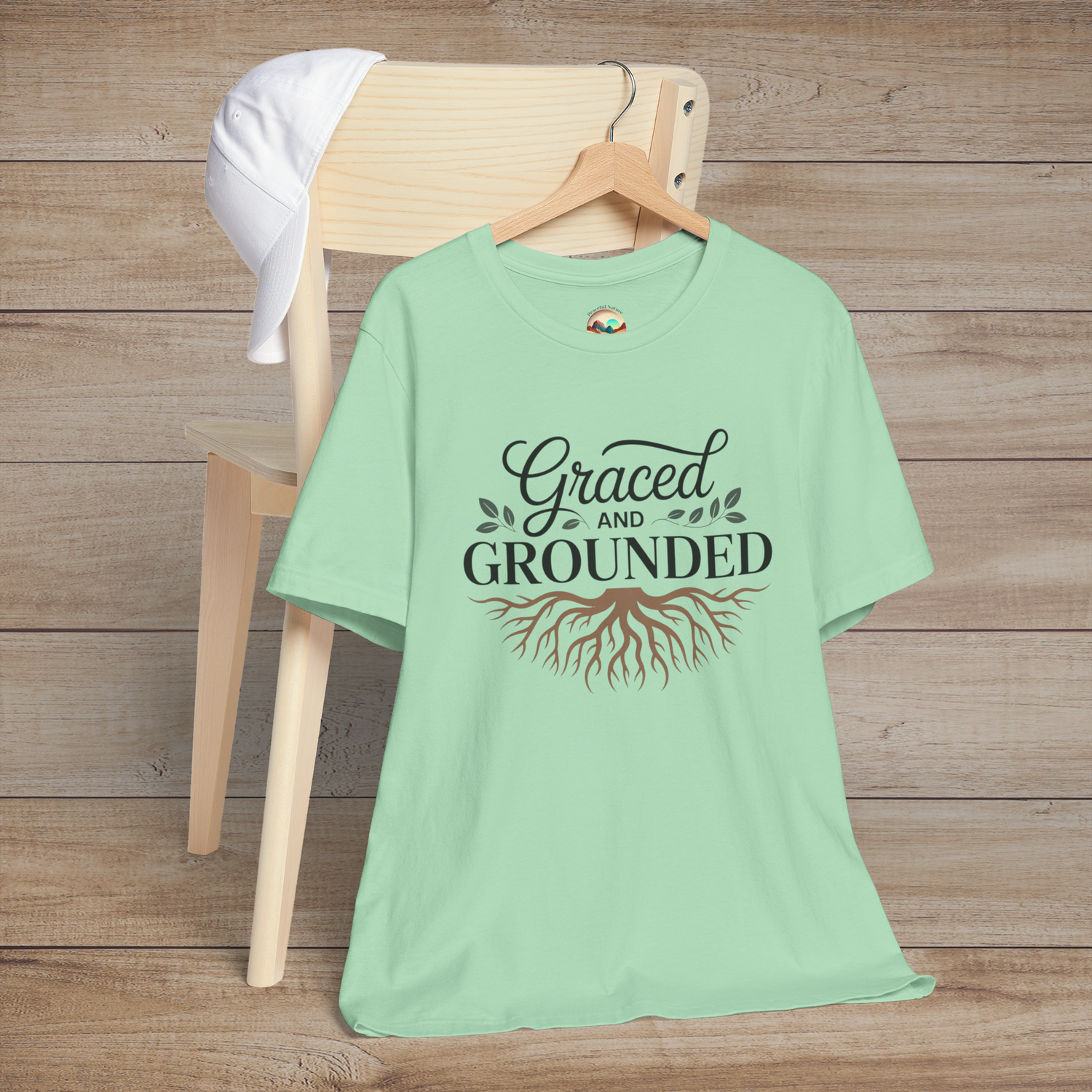 Graced and Grounded premium t-shirt in Mint Green – spiritual and stylish tee with botanical root motif
