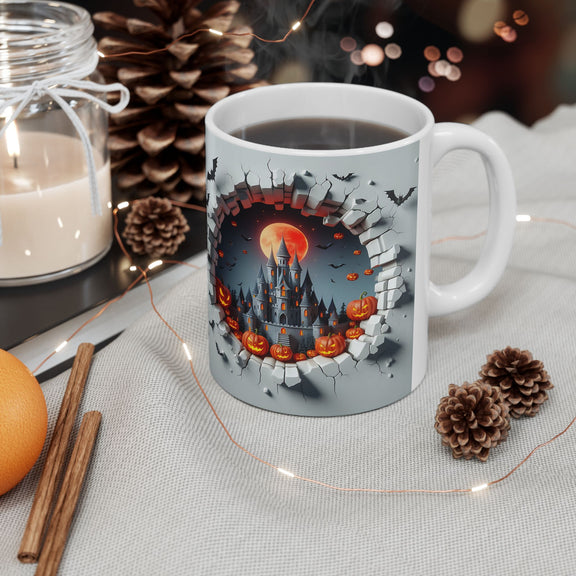 Right-side view of the 11 oz Halloween Mischief Mug on a cozy table with candlelight, featuring a spooky 3D castle scene with jack-o’-lanterns, bats, and a crumbling wall effect. Perfect for festive fall coffee moments