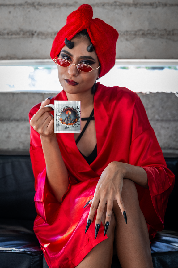 Person in a red outfit holding a mug with a cat design, sitting on a couch.