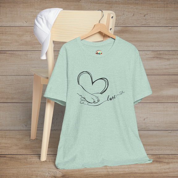 Heather prism mint t-shirt featuring minimalist black line art of a heart, human hand, and paw with love script