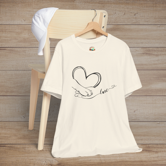 Natural color t-shirt with simple and elegant black line drawing of a hand, paw, heart, and flowing love script