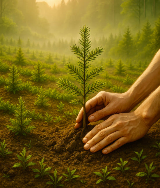 Close-up of hands planting a young tree sapling in rich forest soil, representing reforestation and environmental care.