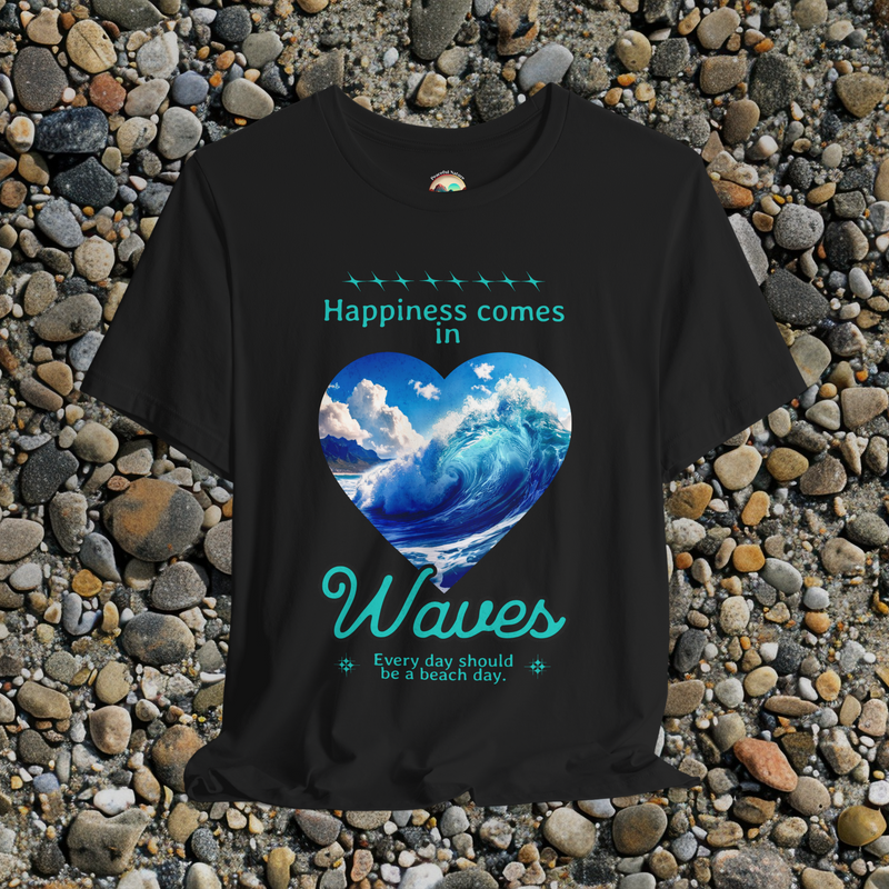🌊 Happiness Comes in Waves – Ocean Heart Graphic Tee for Beach Lovers Black