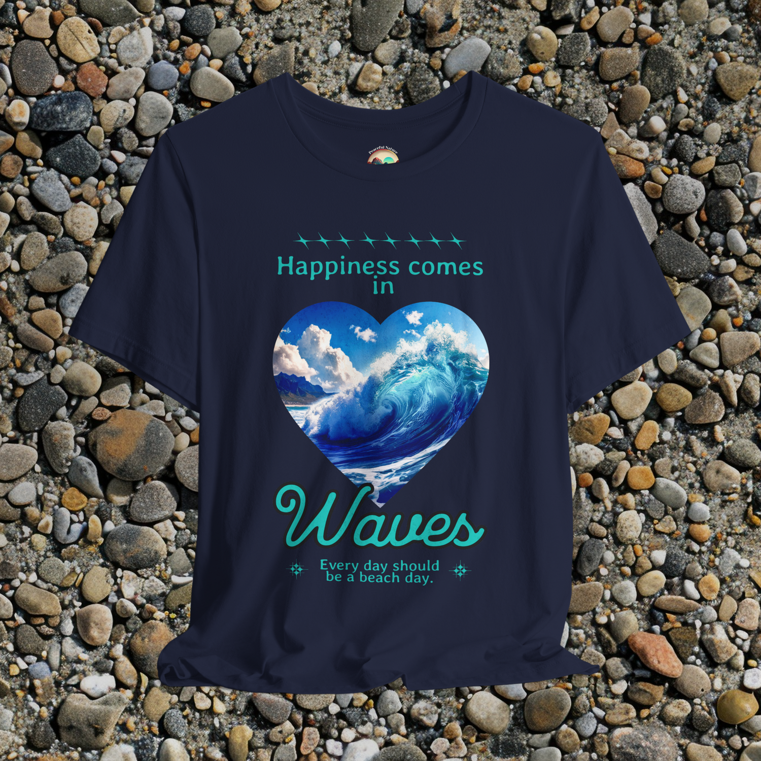 🌊 Happiness Comes in Waves – Ocean Heart Graphic Tee for Beach Lovers Navy