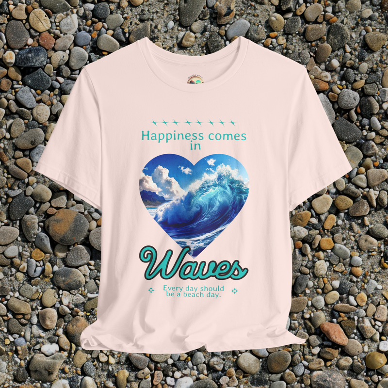 🌊 Happiness Comes in Waves – Ocean Heart Graphic Tee for Beach Lovers Soft Pink