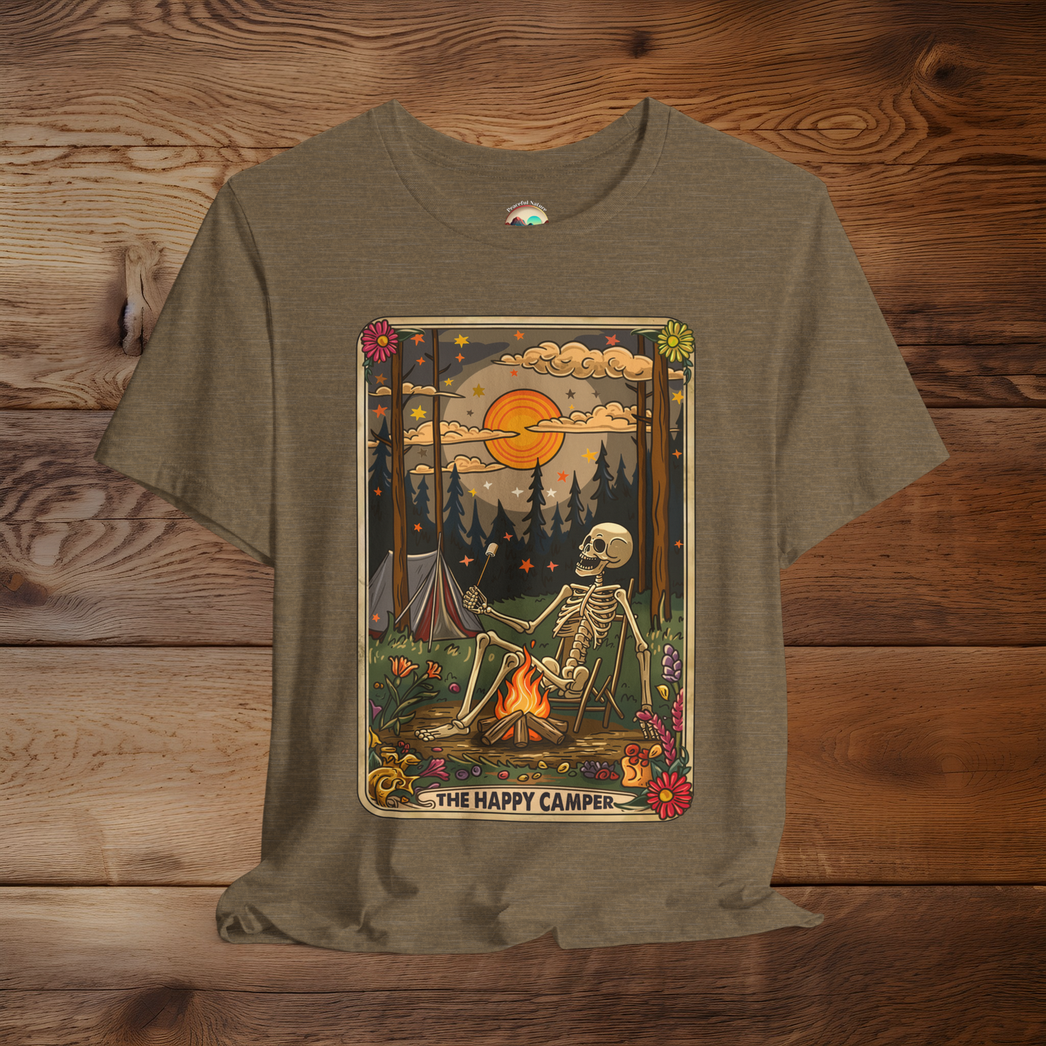 Heather Olive Happy Camper Tarot T-Shirt with a mystical camping scene framed like a vintage tarot card