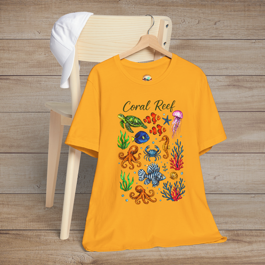 Coral Reef graphic t-shirt in gold with vibrant ocean life illustration