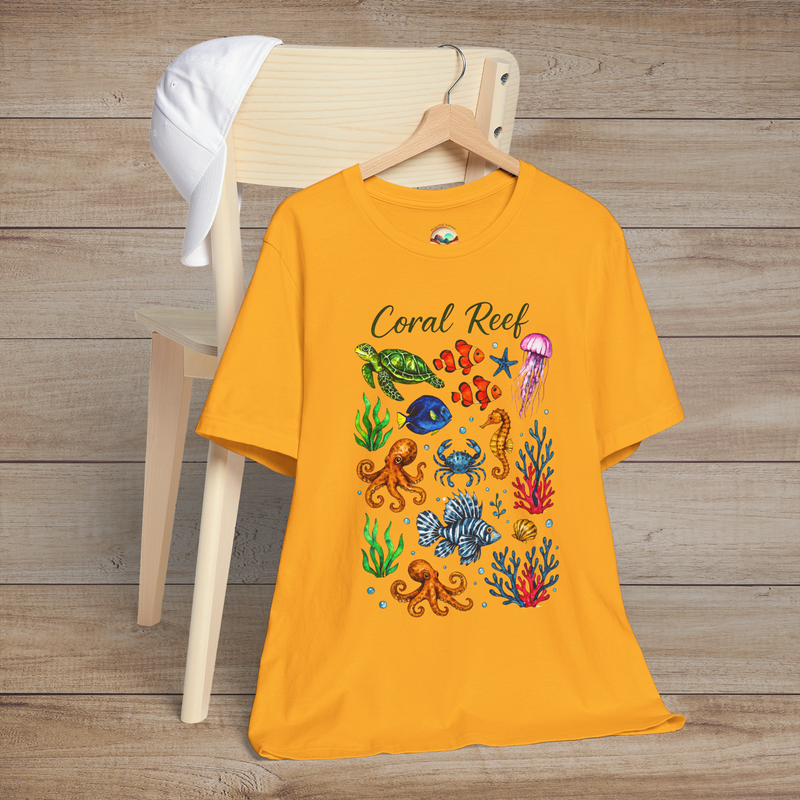 🐠 Coral Reef Celebration – Premium Ocean Life Graphic Tee Gold