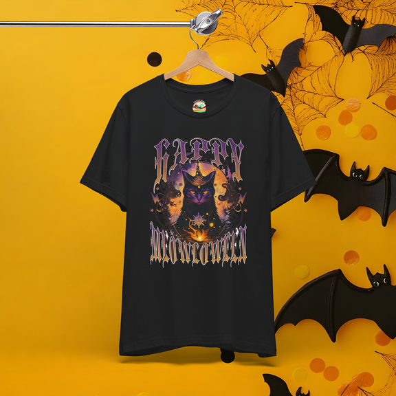 The “Happy Meowloween” T-Shirt - Cute Black Cat Halloween Tee Black