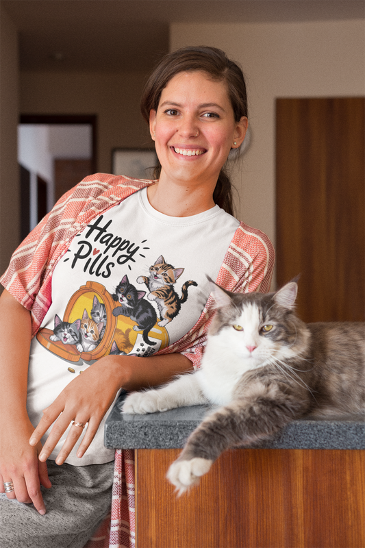A smiling woman wearing a natural white "Happy Pills" t-shirt featuring cute cartoon kittens spilling from a pill bottle, standing beside a fluffy gray-and-white cat lounging on a kitchen counter.