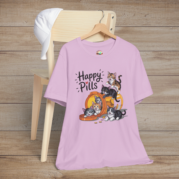 Lilac tee with Happy Pills text and cartoon kittens emerging from an orange pill bottle