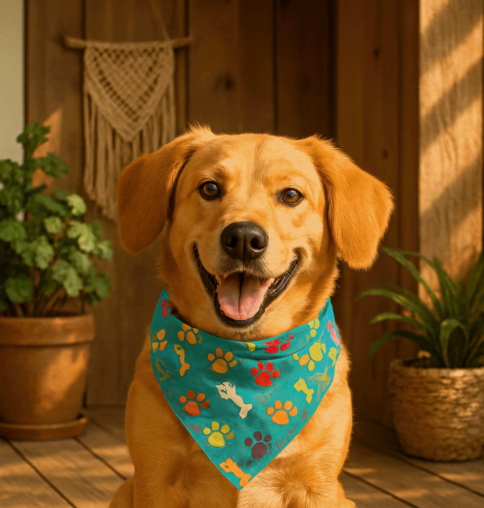 Happy yellow dog wearing a colorful bandana from the Paws and Whiskers Collection