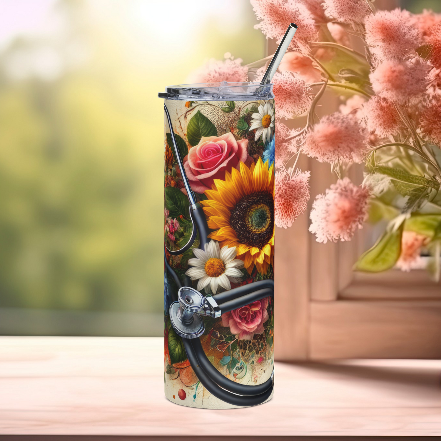 Front view of Healing in Full Bloom 20oz stainless steel tumbler featuring vibrant sunflowers, roses, and daisies with a stethoscope design – floral medical and veterinary gift by Peaceful Nature Designs.