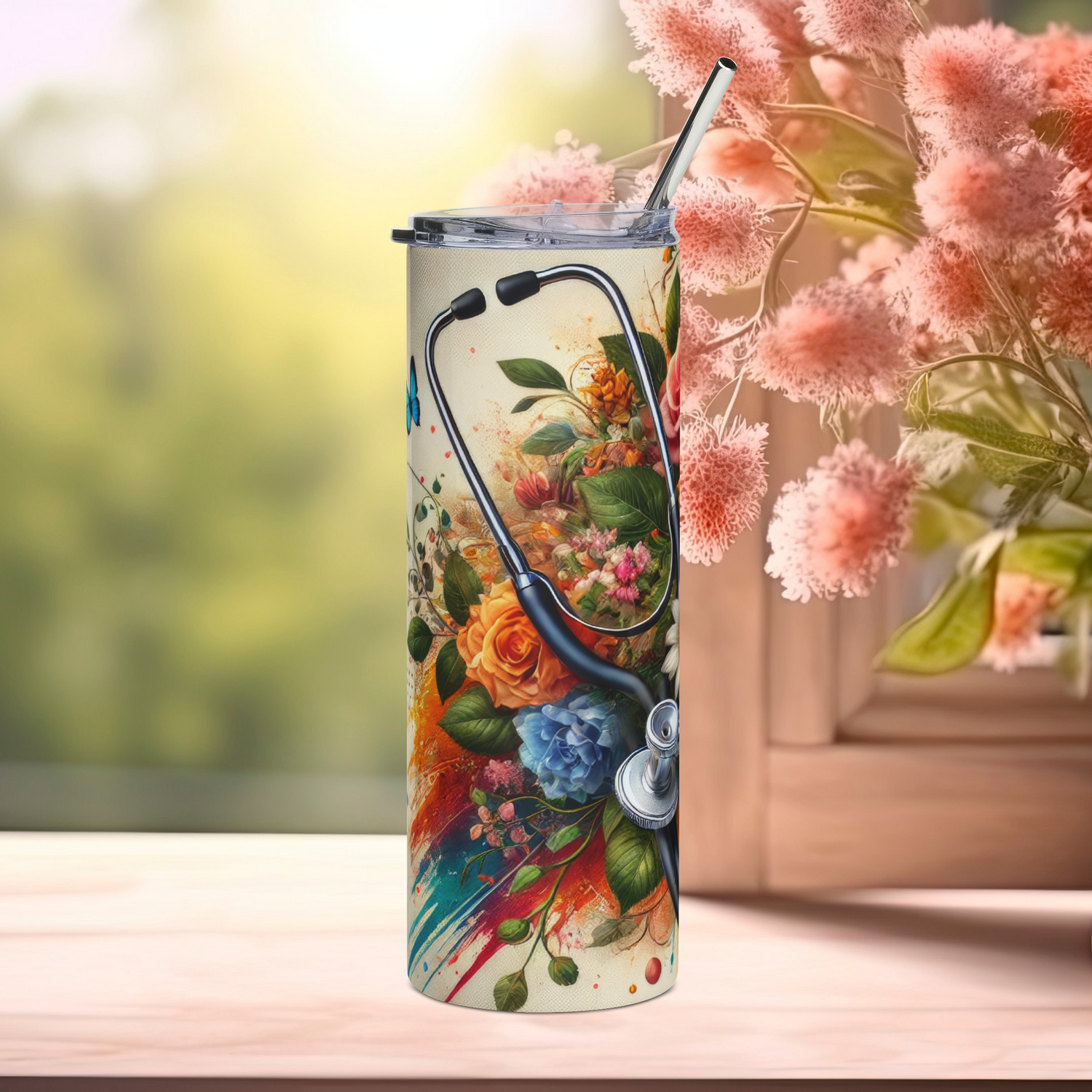 Left side of Healing in Full Bloom 20oz stainless steel tumbler showcasing colorful watercolor florals and stethoscope art – durable glossy tumbler for nurses, doctors, and vet techs