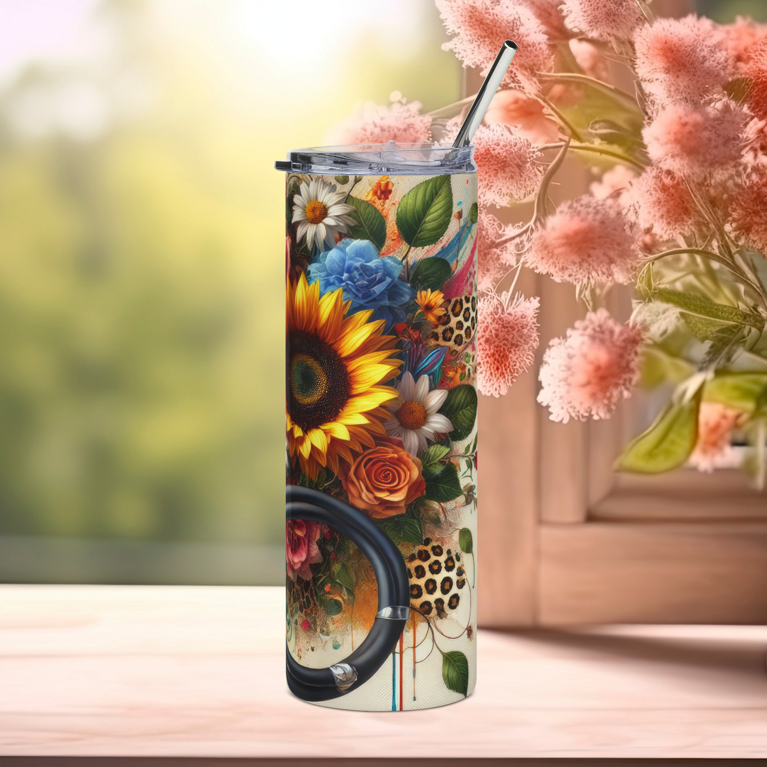 Right side view of Healing in Full Bloom 20oz stainless steel tumbler with bright sunflowers, leopard print, and stethoscope details – floral healthcare worker gift by Peaceful Nature Designs