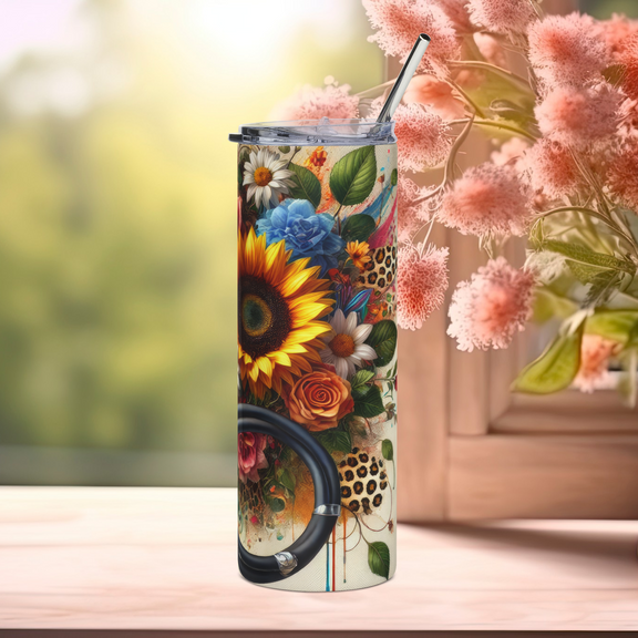 Right side view of Healing in Full Bloom 20oz stainless steel tumbler with bright sunflowers, leopard print, and stethoscope details – floral healthcare worker gift by Peaceful Nature Designs