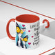 Left-side view of the 11 oz Hug Your Meow Mug with bright red trim and handle, showcasing two adorable cartoon cats with huge yellow eyes and whimsical hearts. A quirky and lovable mug for cat enthusiasts