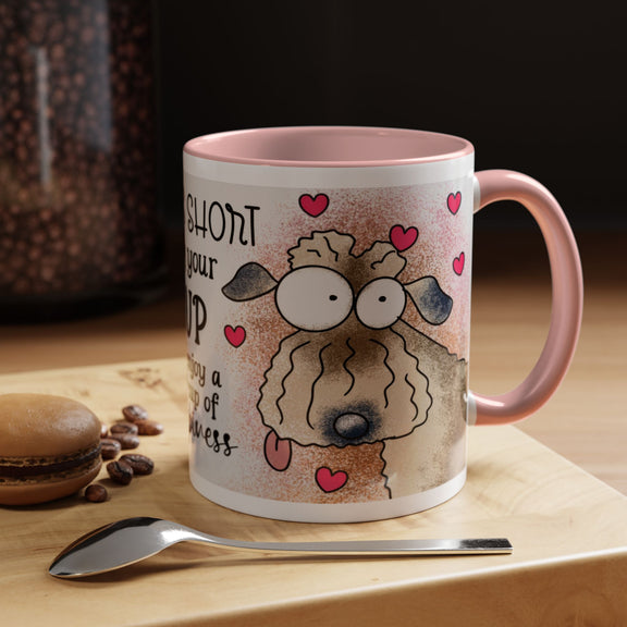 Right-side view of the 11 oz Hug Your Pup Mug featuring a playful cartoon dog illustration, pink trim and handle, surrounded by charming red hearts and the joyful quote 'Life is short, Hug your PUP and enjoy a nice cup of happiness.' Perfect gift for dog lovers