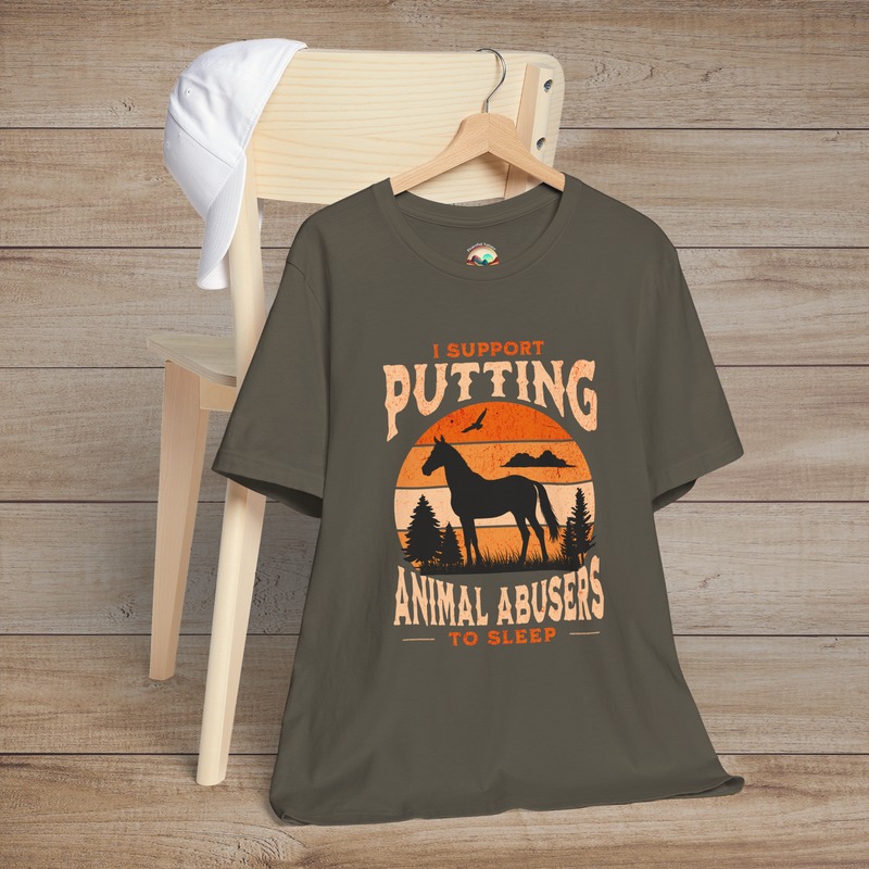 Army olive unisex tee with retro orange sunset and horse silhouette, featuring the bold phrase “I Support Putting Animal Abusers to Sleep”
