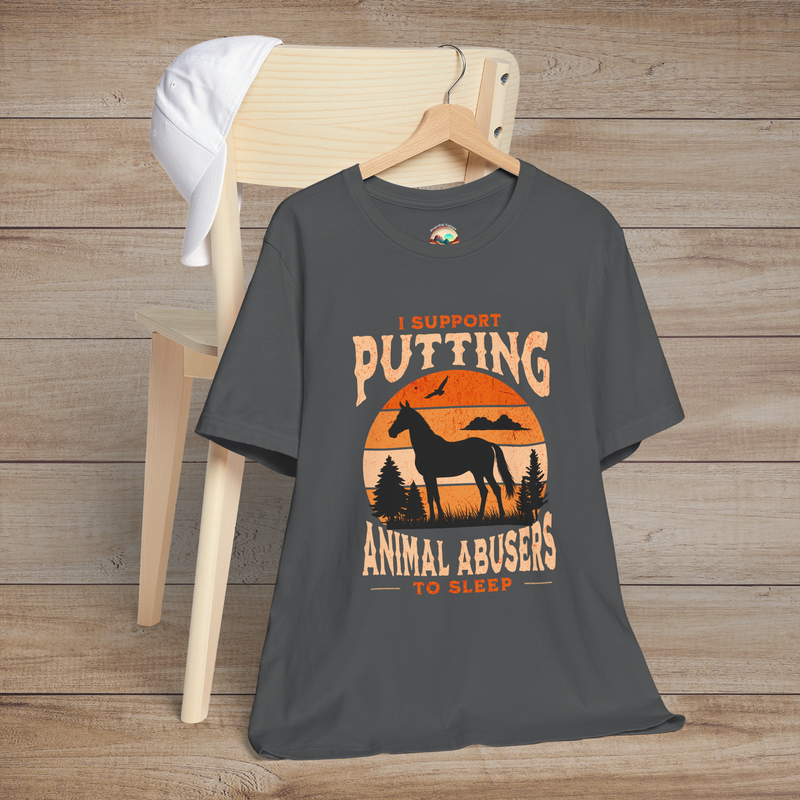 Asphalt gray graphic T-shirt with vivid orange sunset, forest and horse silhouette, and anti-animal abuse message