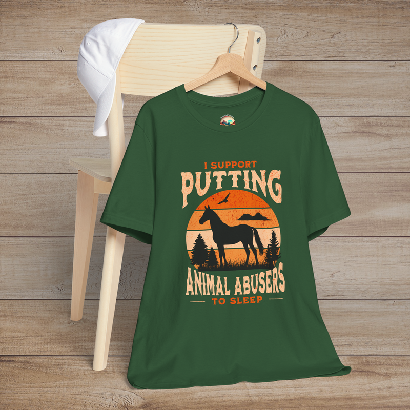 Deep green unisex shirt with powerful anti-abuse slogan, horse silhouette, and rustic sunset design