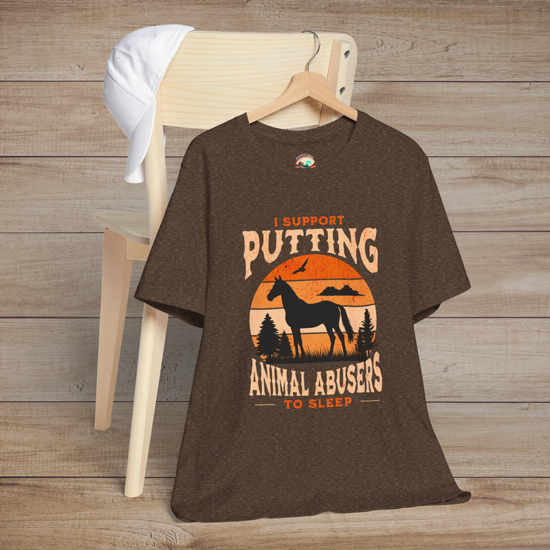 Heather brown graphic T-shirt with vivid orange sunset, forest and horse silhouette, and anti-animal abuse message