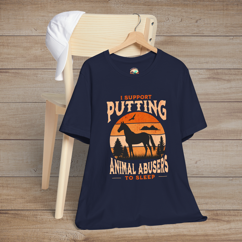 Navy blue graphic T-shirt with vivid orange sunset, forest and horse silhouette, and anti-animal abuse message