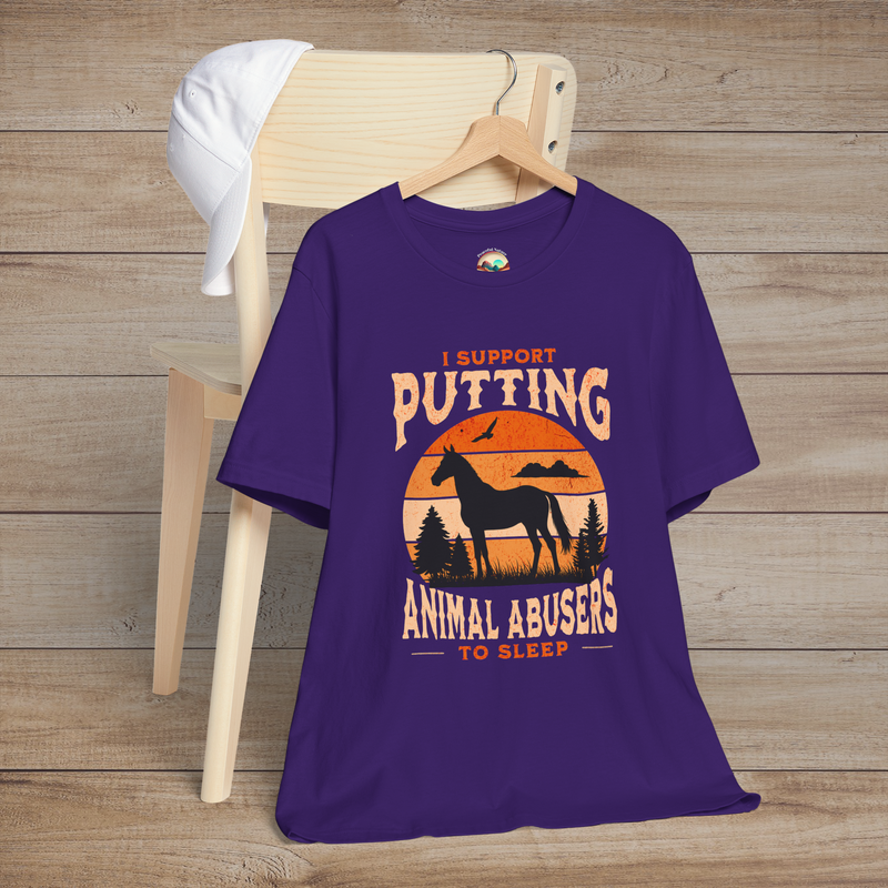 Purple unisex T-shirt featuring retro orange sunset and black horse graphic with bold anti-animal abuse statement