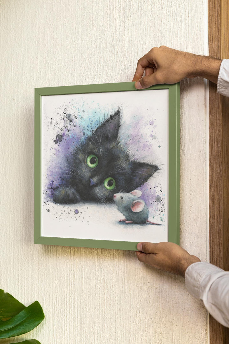 Black Kitten Watercolor Print | Cat & Mouse Nursery Art (Digital Download)