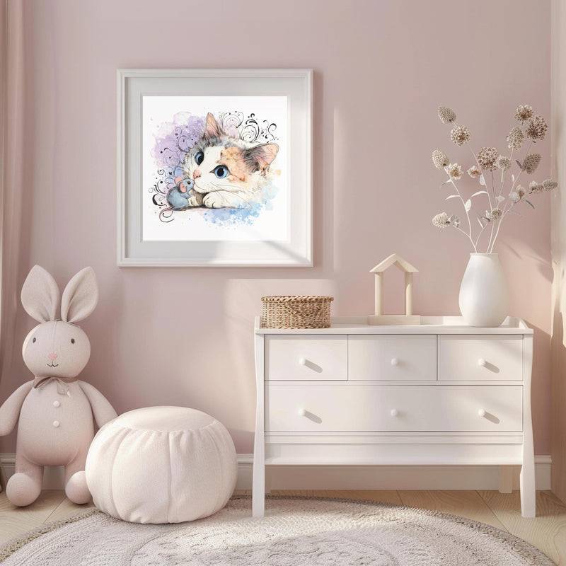 Calico Kitten Watercolor Print, Nursery Cat Art (Digital Download)