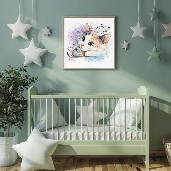 Calico Kitten Watercolor Print, Nursery Cat Art (Digital Download)