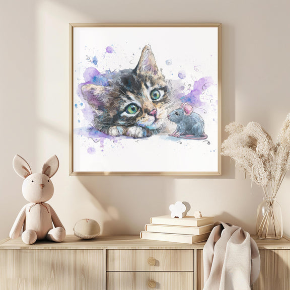 Grey Tabby Kitten Watercolor Print, Nursery Cat Art (Digital Download)