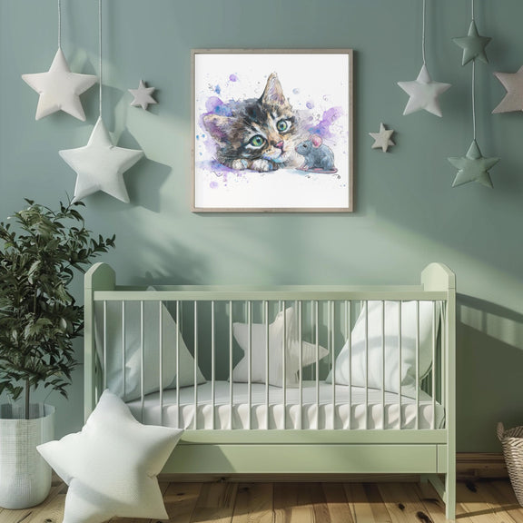 Grey Tabby Kitten Watercolor Print, Nursery Cat Art (Digital Download)
