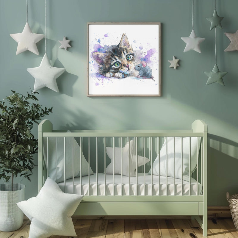 Grey Tabby Kitten Watercolor Print, Nursery Cat Art (Digital Download)